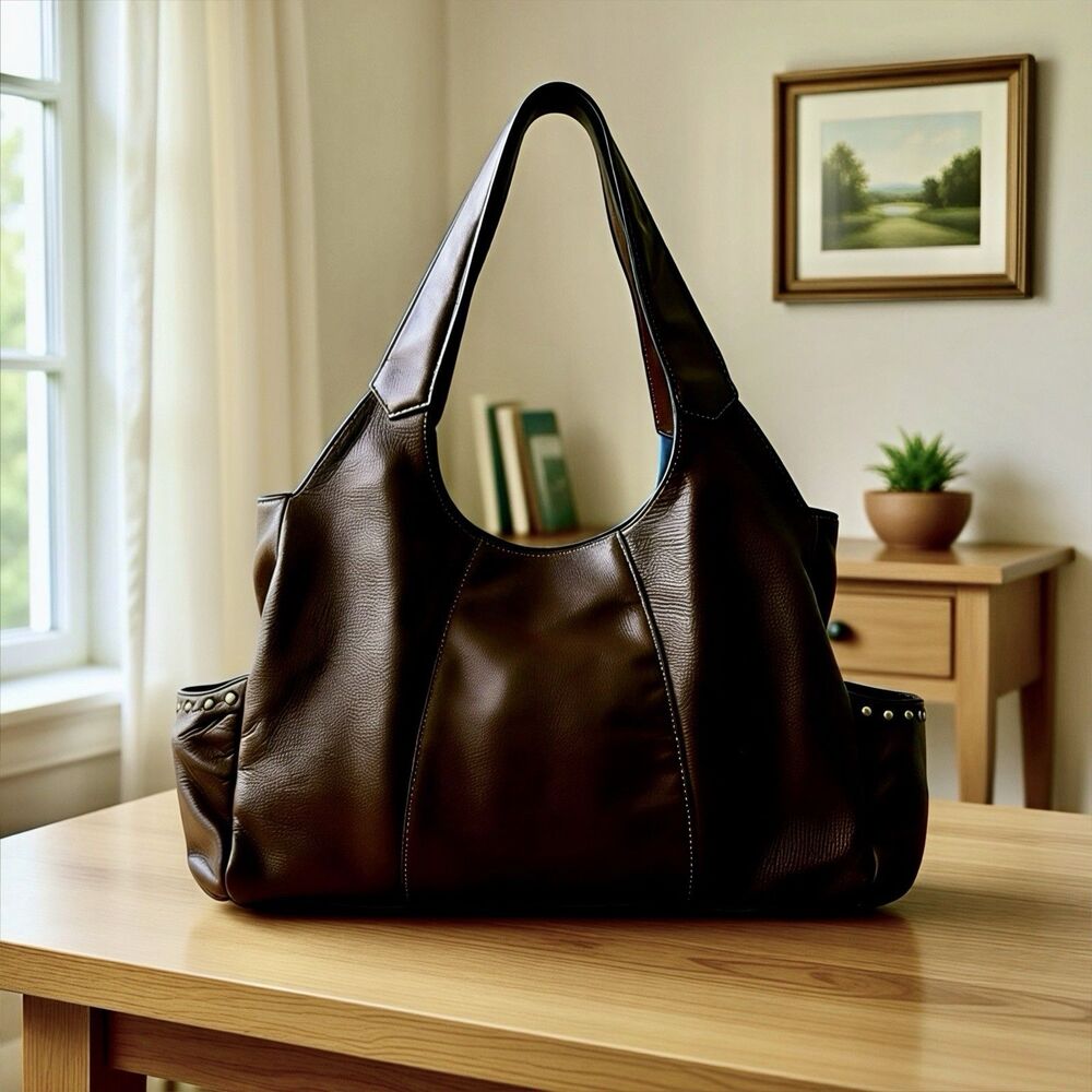 J. Jill Dark Brown Pebbled Leather XL Hobo Bag Studded Sides Crossbody Strap